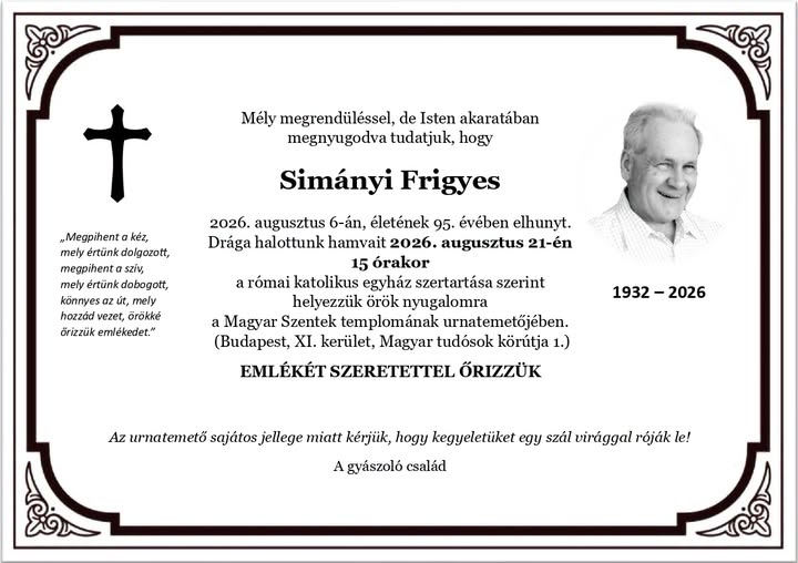 Elhunyt Simányi Frigyes 1932 - 2026