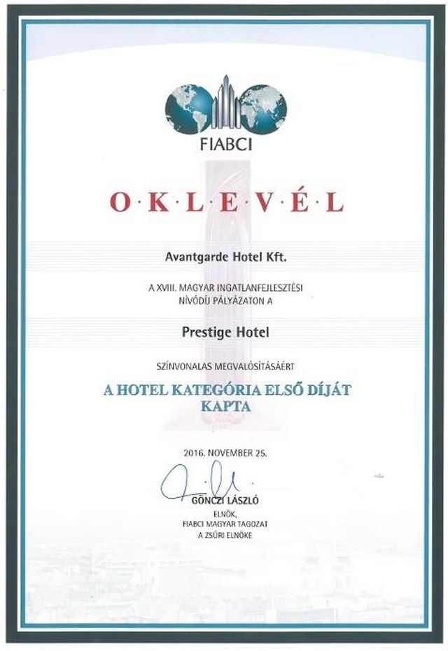 Magyar Ingatlanfejlesztési Nívódíj a Prestige Hotel Budapestnek