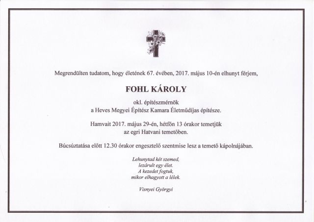 Elhunyt Fohl Károly okl. építészmérnök