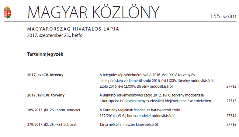 Településkép védelméről szóló törvény módosítása (2017. évi CV. törvény)