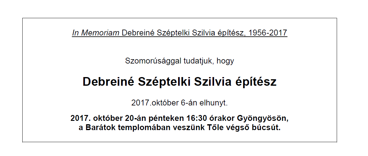Elhunyt Debreiné Széptelki Szilvia építész